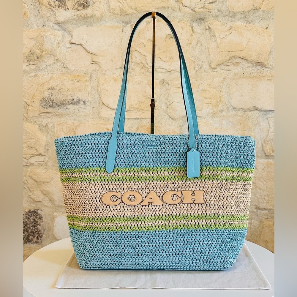 Coach Straw City Tote Boho Shoulder Bag Summer Light Turquoise Multi CBG87 NEW